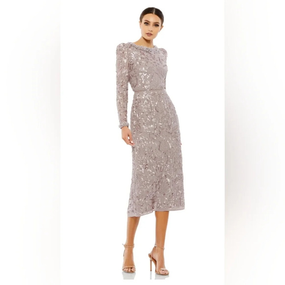 NWT -Mac Duggal, Embellished High Neck Puff Sleeve Dress, Mauve, Size 2 -$498 - Picture 1 of 14